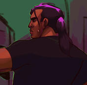 Bust, painted Image ID: A digital painting of a brown man with his hair in a ponytail in profile, appearing nervous.