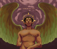 Image ID: A digital painting of a nude man with a halo and wings in front of a backdrop of purple clouds.