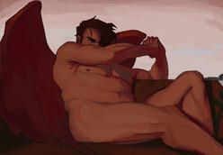 Image ID: A digital study of Alexandre Cabanel's "The Fallen Angel", but the main subject is replaced with a fat brown man with red wings.