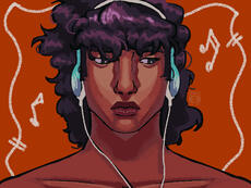 Bust, cel-shaded Image ID: A digital illustration of a brown person with a long, curly mullet wearing headphones.