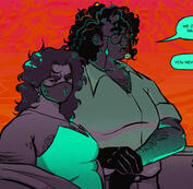Half-body (x2), cel-shaded Image ID: A cel-shaded digital illustration of two people dressed in casual-formalwear; one looks to the side while the other speaks to someone off-screen, their elbow on a nearby counter.