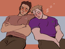 Half-body (x2), flats Image ID: A digital illustration of two white men sitting side-by-side; the blond one on the right is asleep on the lefthand brunette's shoulder.