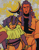 Image ID: A digital illustration of two fantasy-esque people in fashionable outfits appearing confused.