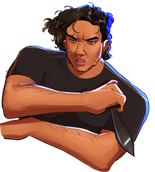 Half-body, painted Image ID: A digital painting of a man with short black hair wielding a combat knife.