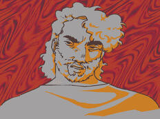 Image ID: A digital illustration of a man with a curly side-swept mullet frowning at something off-screen.