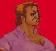 Image ID: A digital painting of Jean Garcia from Paranatural, a brown man with mid-length brown hair, smoking a cigarette.
