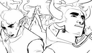 Image ID: A colorless digital illustration of three people; two are running toward the camera while one stands in battle stance in the background.