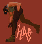 Full-body, painted Image ID: A digital painting of a person with a black ponytail bending down as if to pick something up, wearing a tank top and coveralls tied at the waist.
