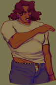Half-body, cel-shaded Image ID: A digital illustration of a brown man with red hair wiping blood from their nose; their shirt is riding up to show their hip and underwear band.