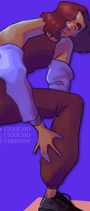 Fullbody Painted B Image ID: A full body digital painting of a brown person with reddish-brown hair leaning over to tie their shoe.