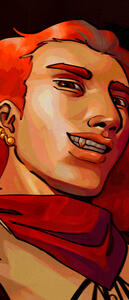 Image ID: A painted digital bust of a white man with red hair wearing a cowboy hat, bandana, and canine jewelry.