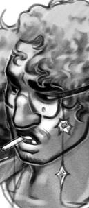 Bust Cel B Image ID: A digitally illustrated, cel-shaded black and white bust of a person with long, curly hair, wearing chained glasses and smoking a cigarette.