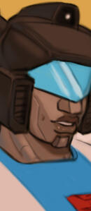 Bust Painted C Image ID: A painted digital bust of "Transformers" character Jazz, a robot with a black helmet and blue visor.