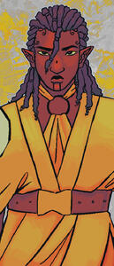 Halfbody Cel C Image ID: A half body, cel-shaded digital illustration of a Black person with black locs wearing a halter top and robe.