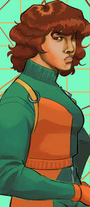 Image ID: A half-body digital painting of a light skinned person with brown hair wearing a utility jumpsuit.