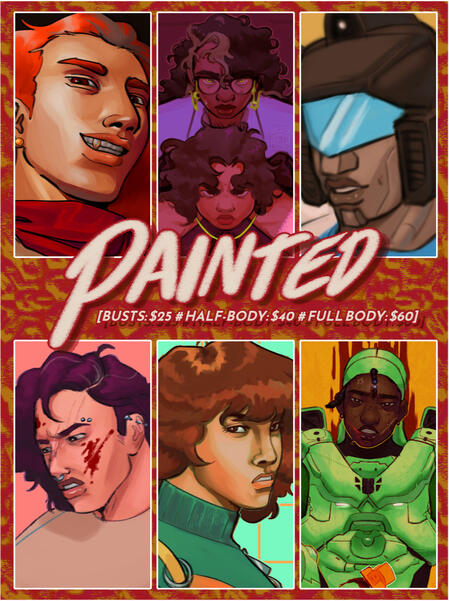 Cheatsheet Painted Image ID: A pricing sheet for ffully painted images, listing busts as $25, half-bodies as $40, and full bodies as $60. Six examples of flat-colored and cel-shaded illustrations are shown.