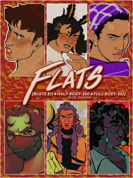 Cheatsheet Flats Image ID: A pricing sheet for flat-colored images, listing busts as $15, half-bodies as $20, and full bodies as $25, with cel shading costing an additional $5. Six examples of flat-colored and cel-shaded illustrations are shown.